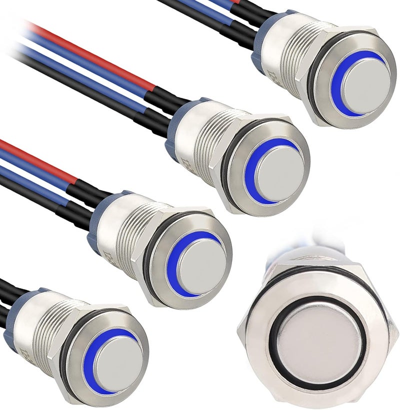 STARELO 5pcs 12mm Latching led Push Button Switch Silver Shell with pre-Wiring, IP65 Waterproof Push Button Switch,1NO 1 Normally,Self-Locking with LED(Blue). - Image 1